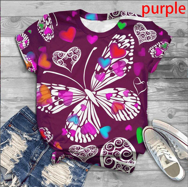 Women's Fashion Floral Butterfly Print Fitness Short-Sleeved T-Shirt Top